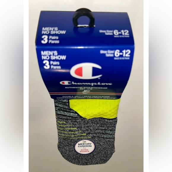 Champion No Show Socks 3 Pair Men's 6-12 Black Yellow Blue w Toe Logo NEW! $18 - Picture 11 of 11